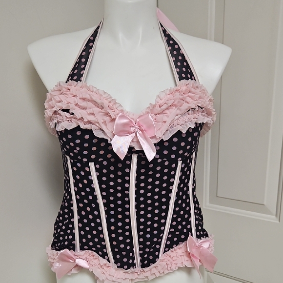 Plus Size Coquette Pink and Black Polka Dot Halter Corset Top - Picture 1 of 7
